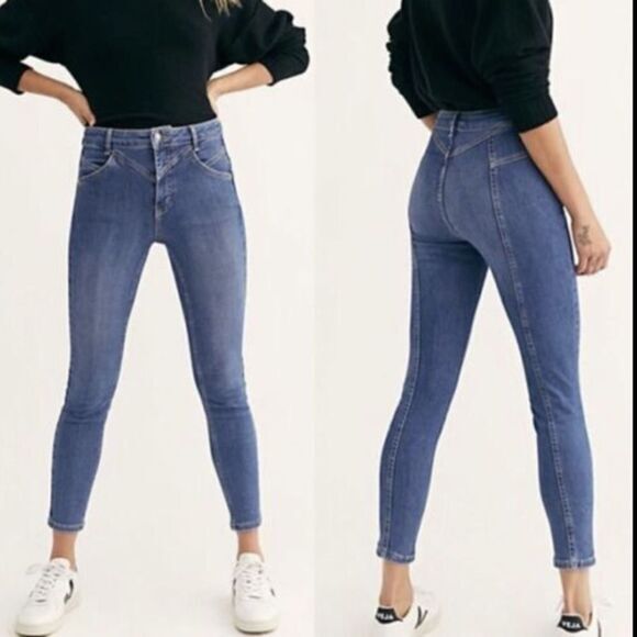 NEW Free People Riley Skinny Jeans Blue Daybreak‎ Back Seam High Rise, 24 - Picture 2 of 14